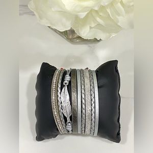 2/$25 NEW Gray rhinestone leaf braid women vegan leather bracelet bangle cuff